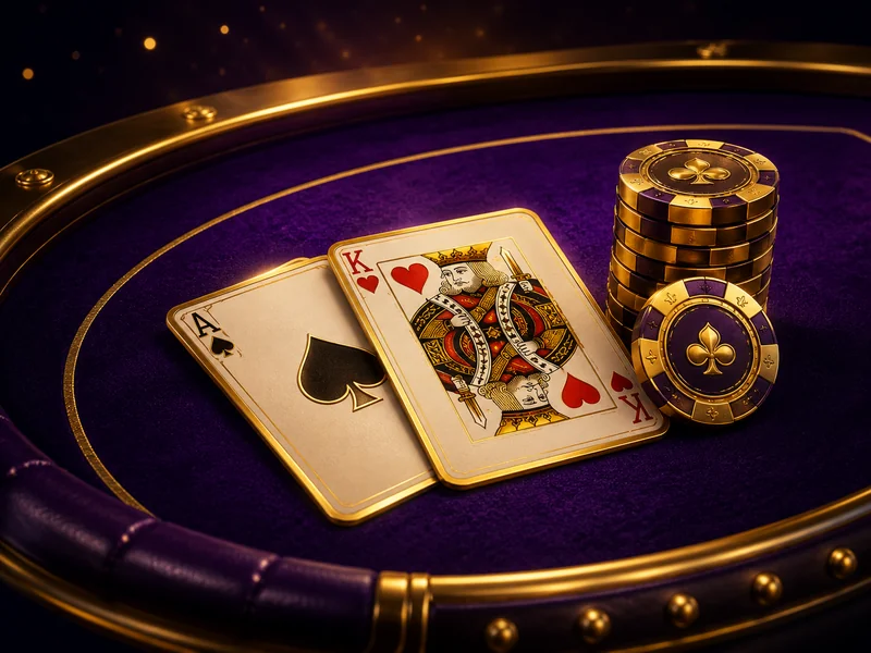 McLuck blackjack table with Ace of spades King of hearts gold chips on purple felt