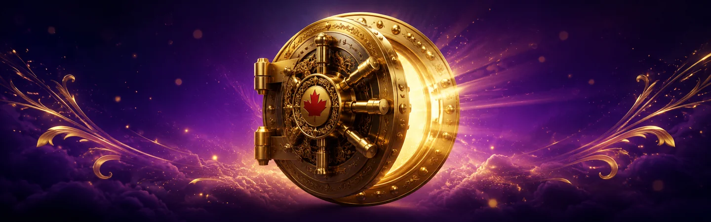 McLuck Casino Canada login vault illustration with gold vault door and Canadian maple leaf