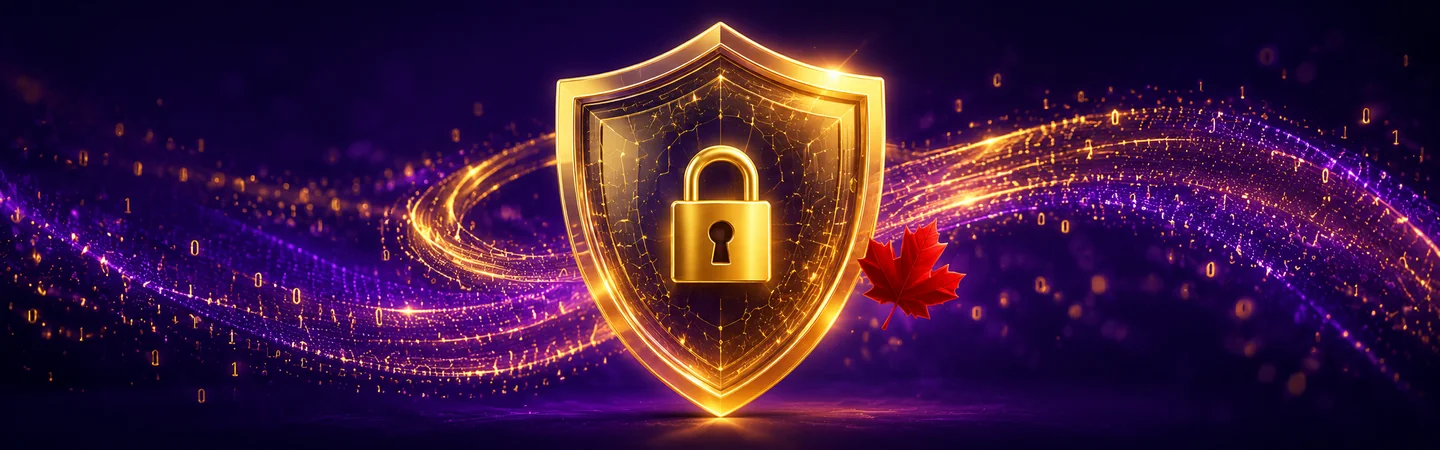 McLuck Casino Canada privacy policy illustration with gold shield padlock protecting data streams and Canadian maple leaf