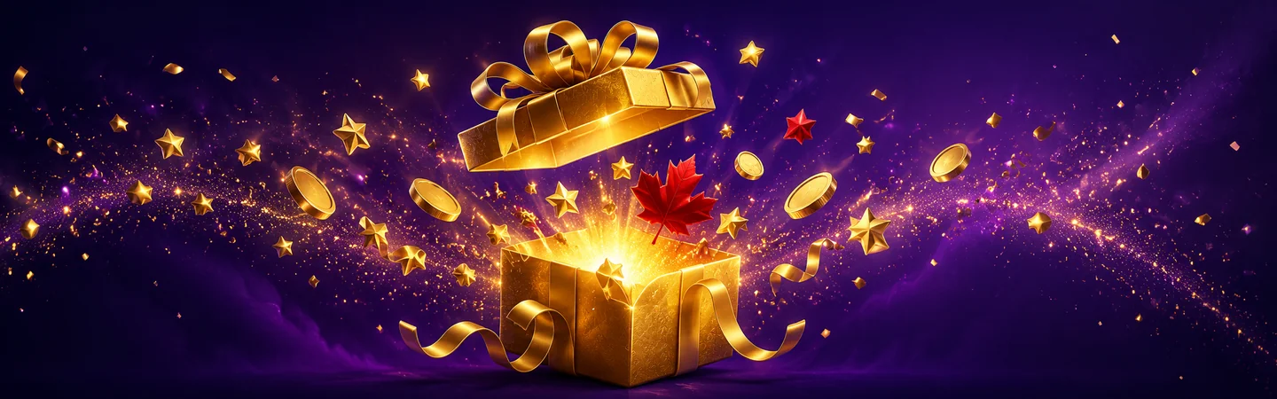 McLuck Casino Canada welcome gift box with gold coins and Canadian maple leaf sign-up illustration