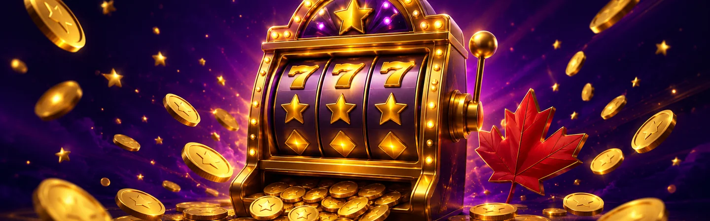McLuck Casino slot game selection with reels, RTP percentages, and volatility icons on a purple gold background