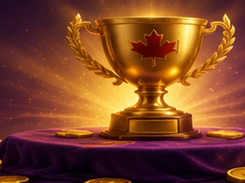 Golden trophy winner podium with Canadian maple leaf and gold coins strategy guide illustration