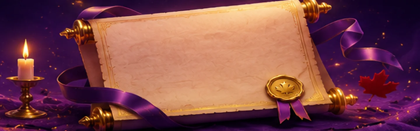McLuck Casino Canada terms of service illustration with parchment scroll gold wax seal purple ribbon and candle glow